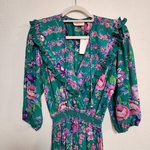 Vintage Susan Freis Emerald Green Rose Print Dress